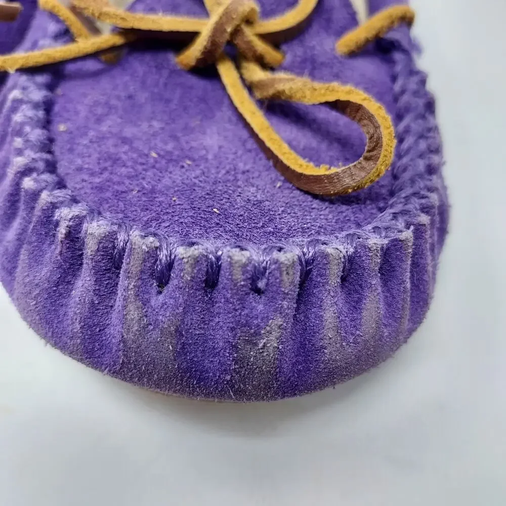 Minnetonka Purple Leather Moccasins Faux Fur Lining Size 2